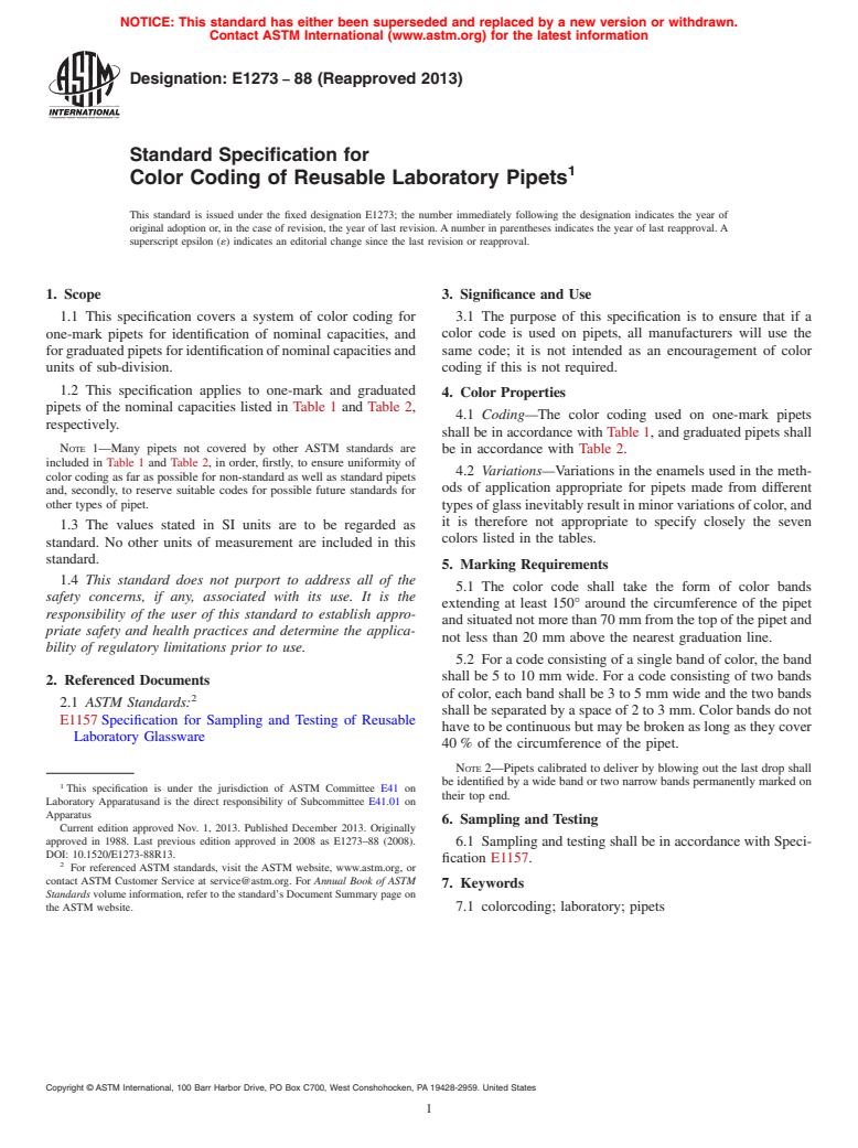 ASTM E1273-88(2013) - Standard Specification for  Color Coding of Reusable Laboratory Pipets