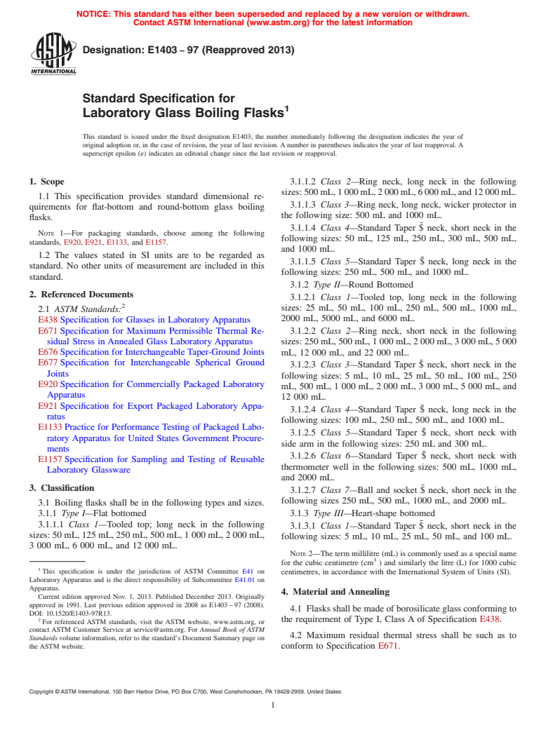 ASTM E1403-97(2013) - Standard Specification for  Laboratory Glass Boiling Flasks