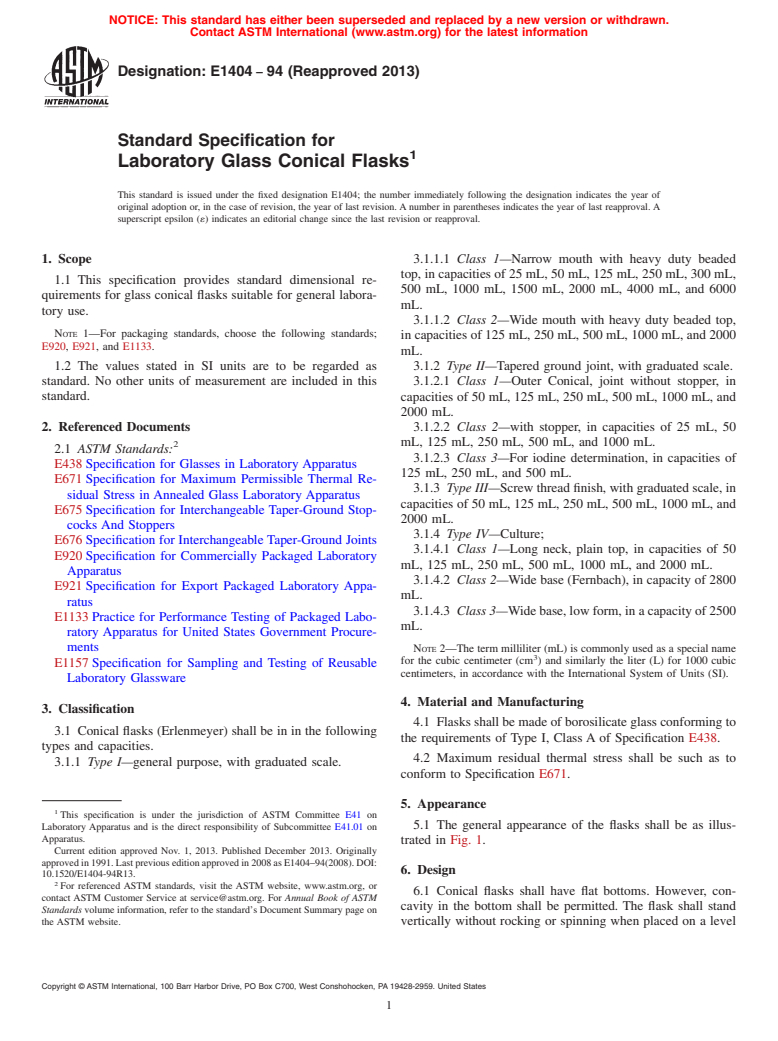 ASTM E1404-94(2013) - Standard Specification for  Laboratory Glass Conical Flasks