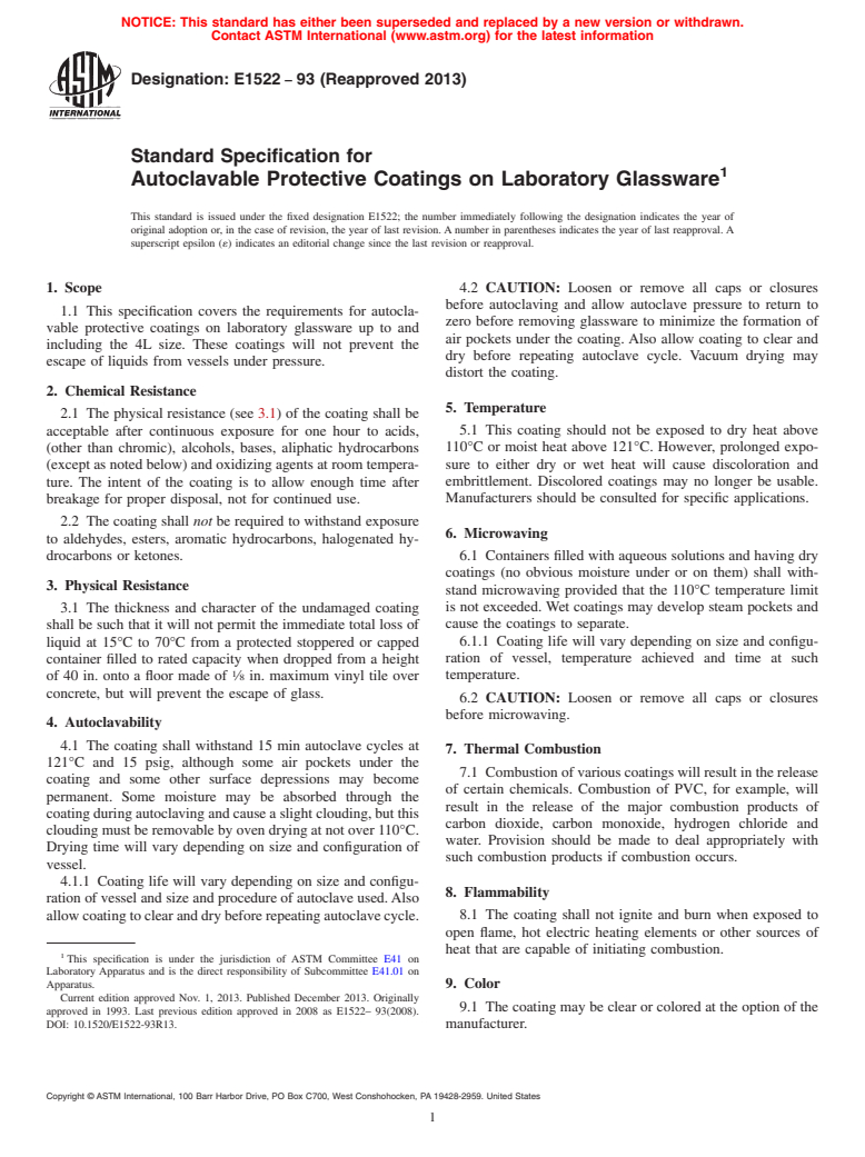 ASTM E1522-93(2013) - Standard Specification for  Autoclavable Protective Coatings on Laboratory Glassware