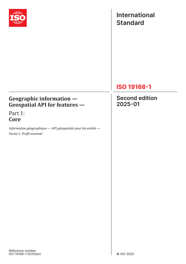 ISO 19168-1:2025 - Geographic information — Geospatial API for features — Part 1: Core
Released:10. 01. 2025