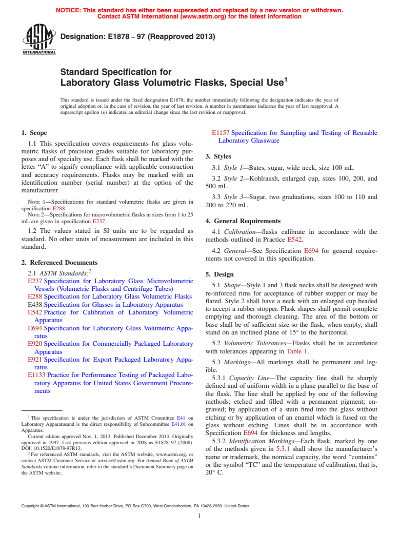 ASTM E1878-97(2013) - Standard Specification for  Laboratory Glass Volumetric Flasks, Special Use