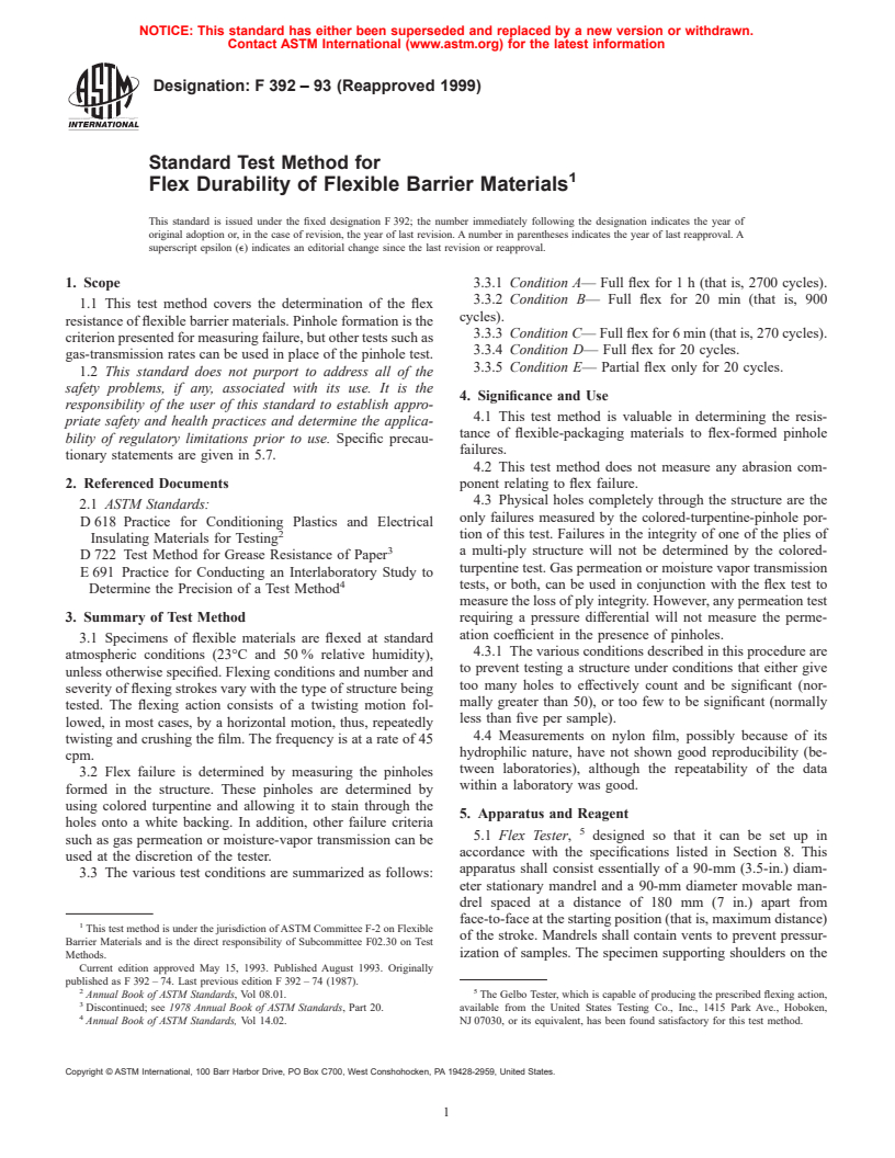 ASTM F392-93(1999) - Standard Test Method for Flex Durability of Flexible Barrier Materials