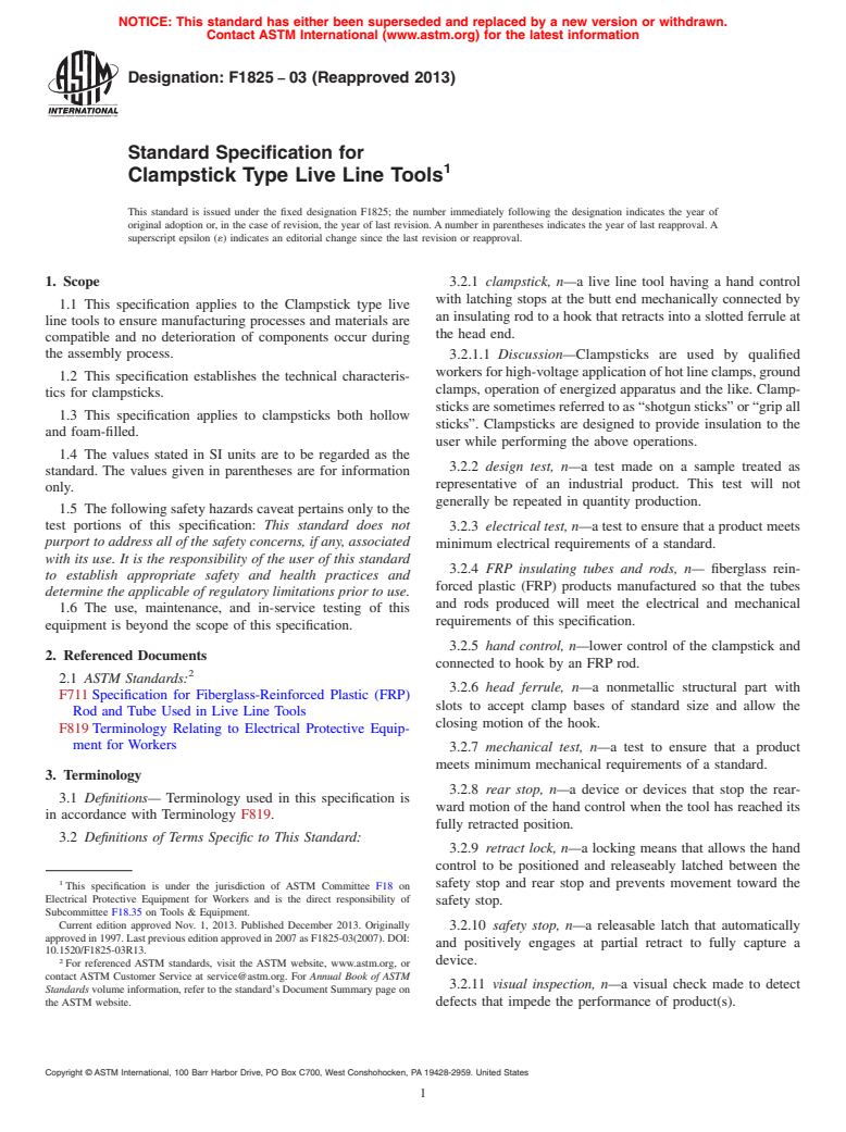 ASTM F1825-03(2013) - Standard Specification for  Clampstick Type Live Line Tools