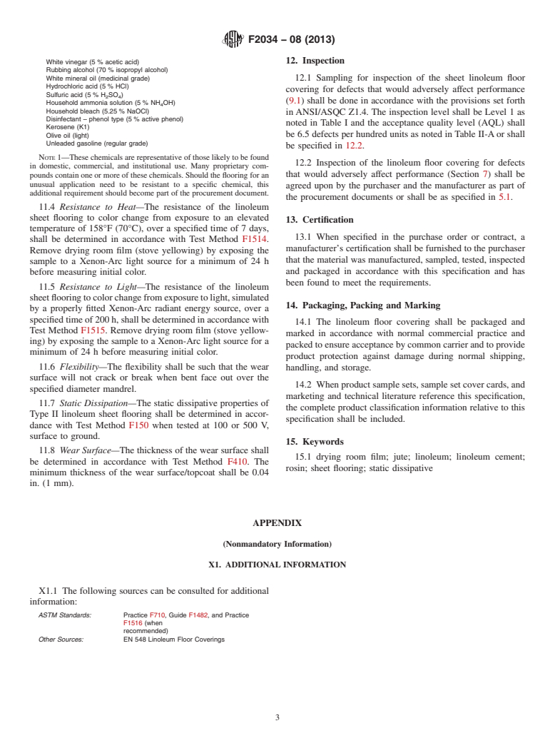 ASTM F2034-08(2013) - Standard Specification for  Sheet Linoleum Floor Covering