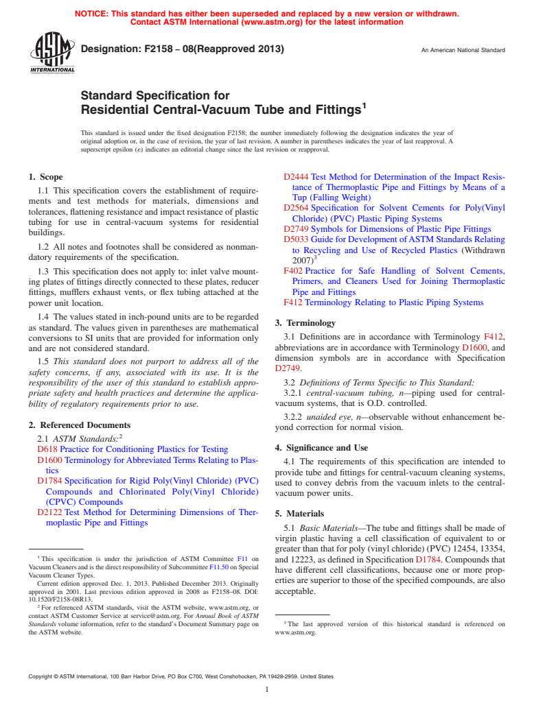 ASTM F2158-08(2013) - Standard Specification for  Residential Central-Vacuum Tube and Fittings