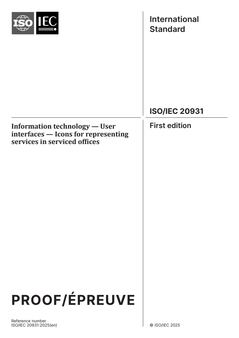 ISO/IEC PRF 20931 - Information technology — User interfaces — Icons for representing services in serviced offices
Released:5. 05. 2025