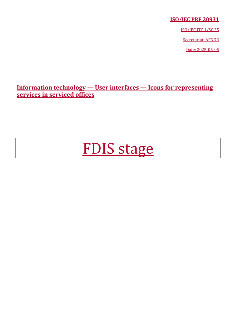 REDLINE ISO/IEC PRF 20931 - Information technology — User interfaces — Icons for representing services in serviced offices
Released:5. 05. 2025