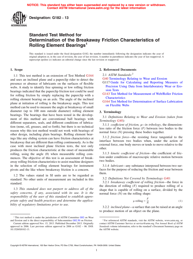 ASTM G182-13 - Standard Test Method for  Determination of the Breakaway Friction Characteristics of  Rolling Element Bearings