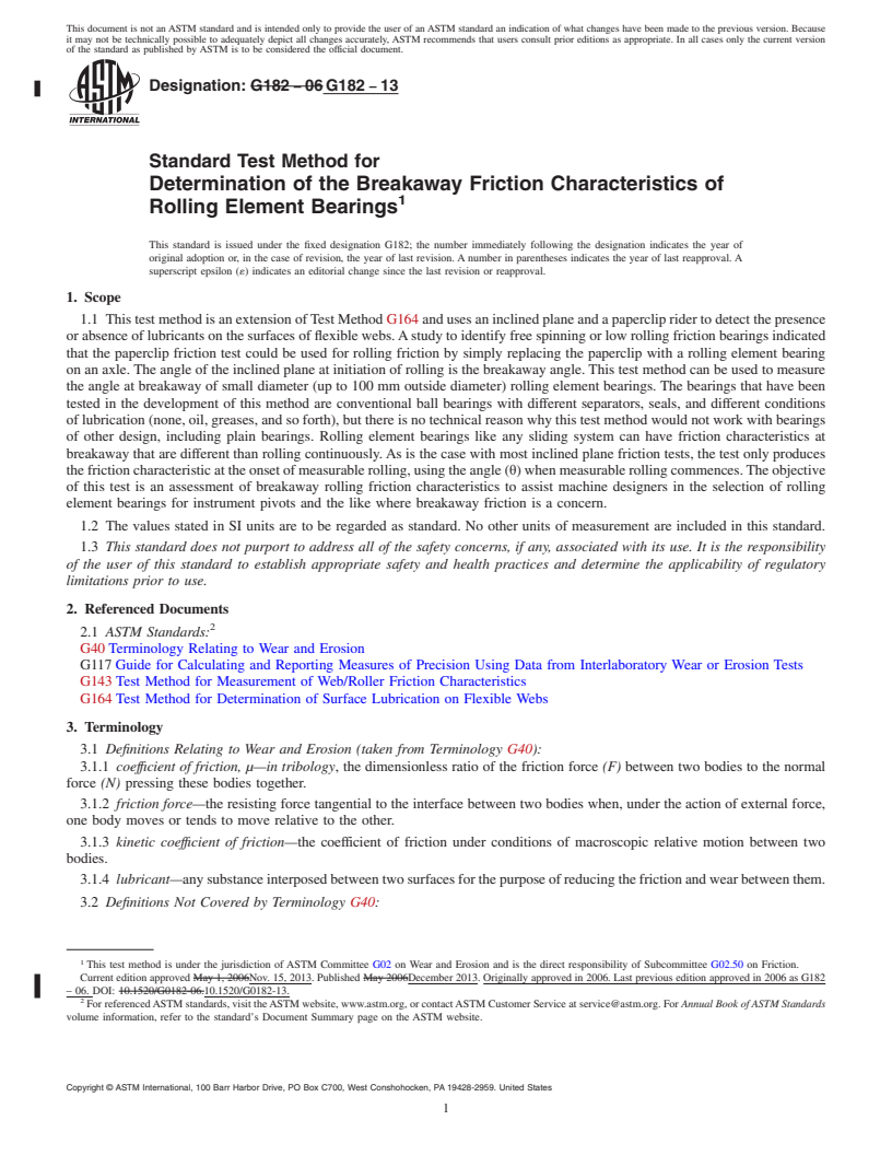 REDLINE ASTM G182-13 - Standard Test Method for  Determination of the Breakaway Friction Characteristics of  Rolling Element Bearings