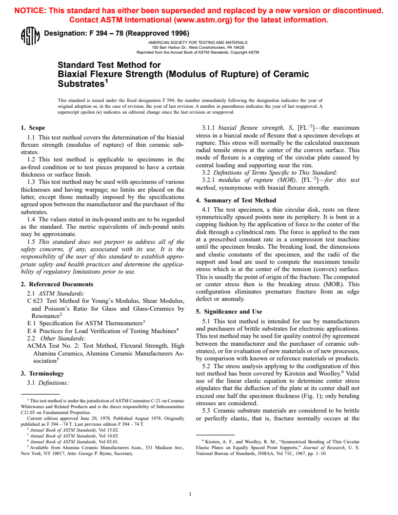 ASTM F394-78(1996) - Test Method for Biaxial Flexure Strength (Modulus of Rupture) of Ceramic Substrates (Withdrawn 2001)