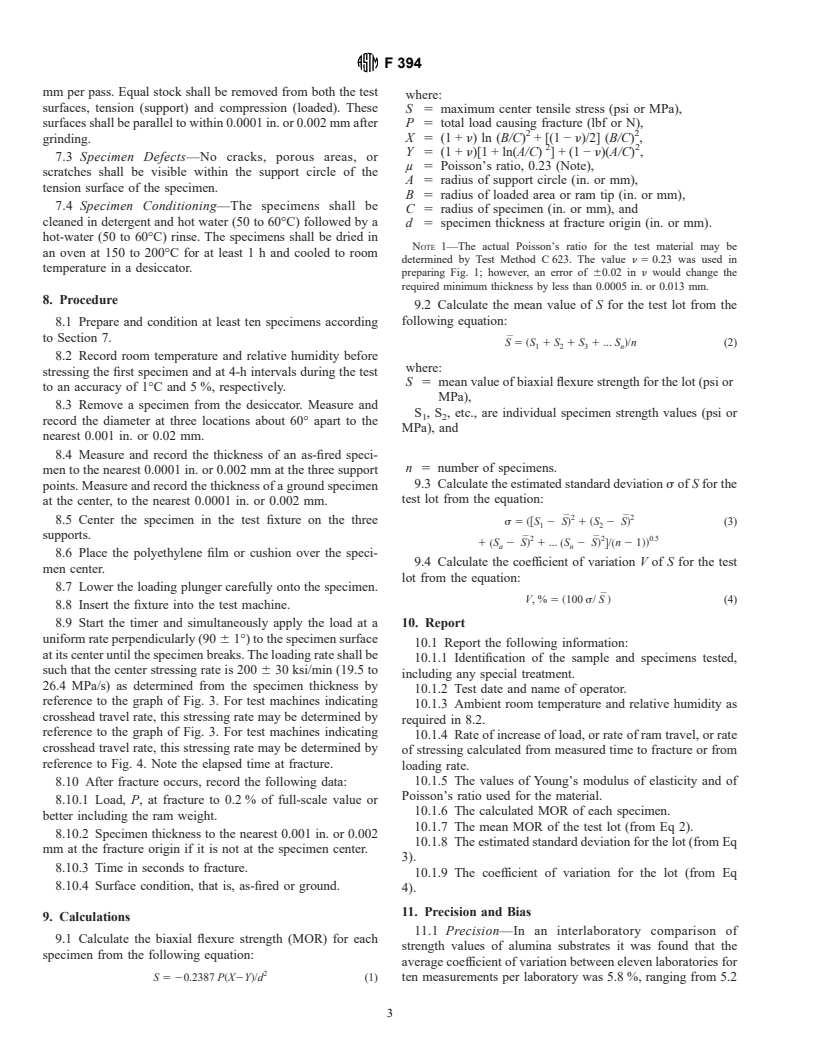 ASTM F394-78(1996) - Test Method for Biaxial Flexure Strength (Modulus of Rupture) of Ceramic Substrates (Withdrawn 2001)