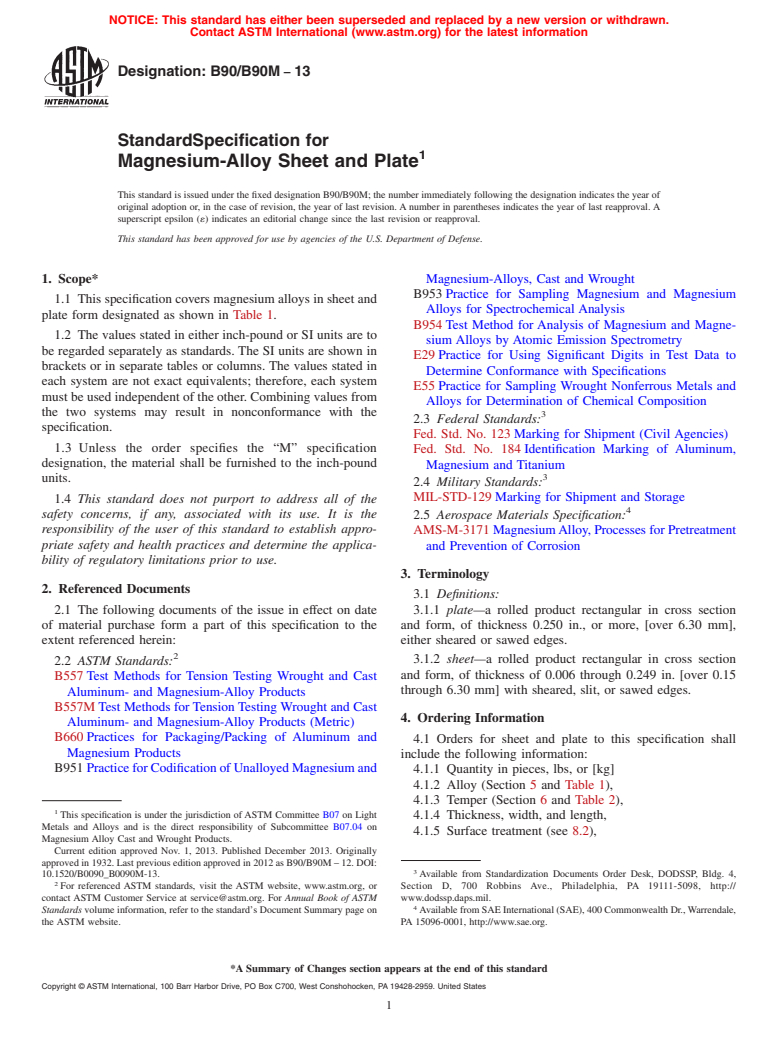 ASTM B90/B90M-13 - Standard Specification for  Magnesium-Alloy Sheet and Plate