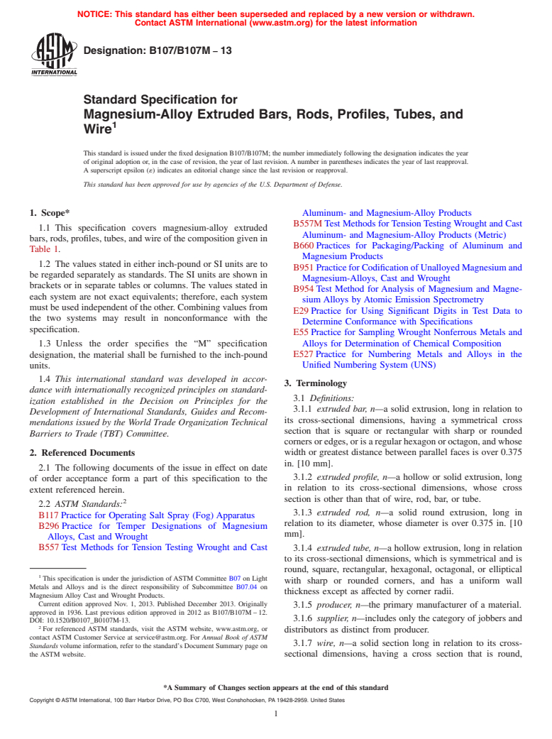 ASTM B107/B107M-13 - Standard Specification for  Magnesium-Alloy Extruded Bars, Rods, Profiles, Tubes, and Wire