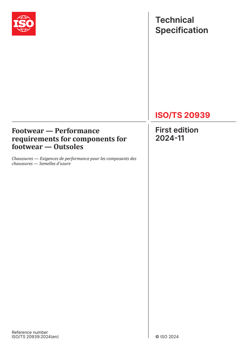 ISO/TS 20939:2024 - Footwear — Performance requirements for components for footwear — Outsoles
Released:11/19/2024