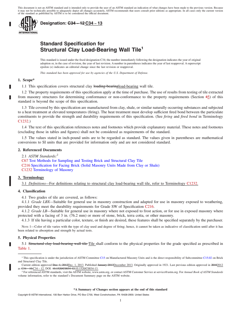 REDLINE ASTM C34-13 - Standard Specification for  Structural Clay Load-Bearing Wall Tile