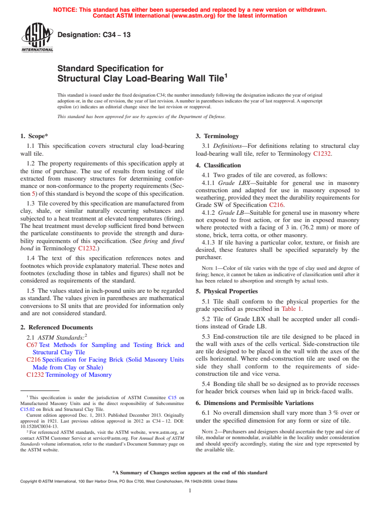 ASTM C34-13 - Standard Specification for  Structural Clay Load-Bearing Wall Tile