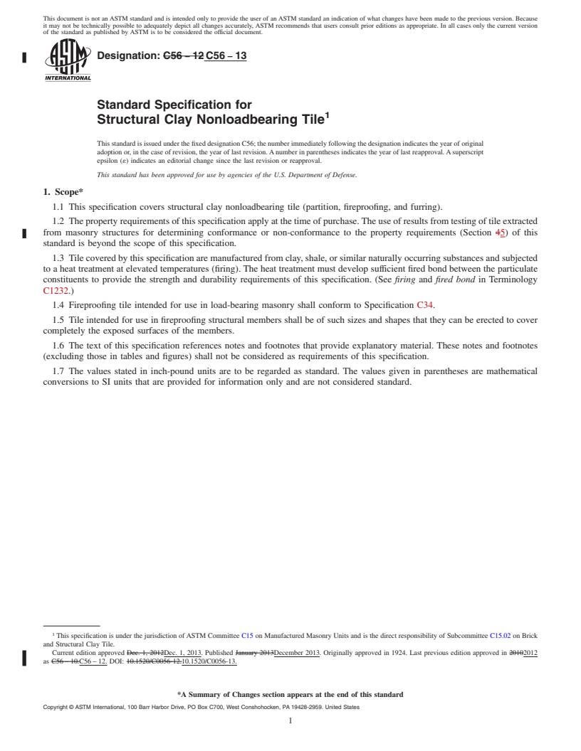 REDLINE ASTM C56-13 - Standard Specification for  Structural Clay Nonloadbearing Tile