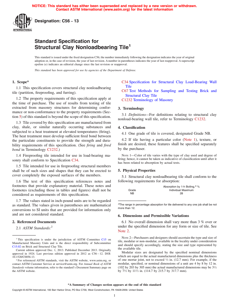 ASTM C56-13 - Standard Specification for  Structural Clay Nonloadbearing Tile