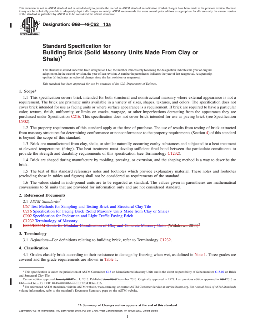 REDLINE ASTM C62-13a - Standard Specification for  Building Brick (Solid Masonry Units Made From Clay or Shale)