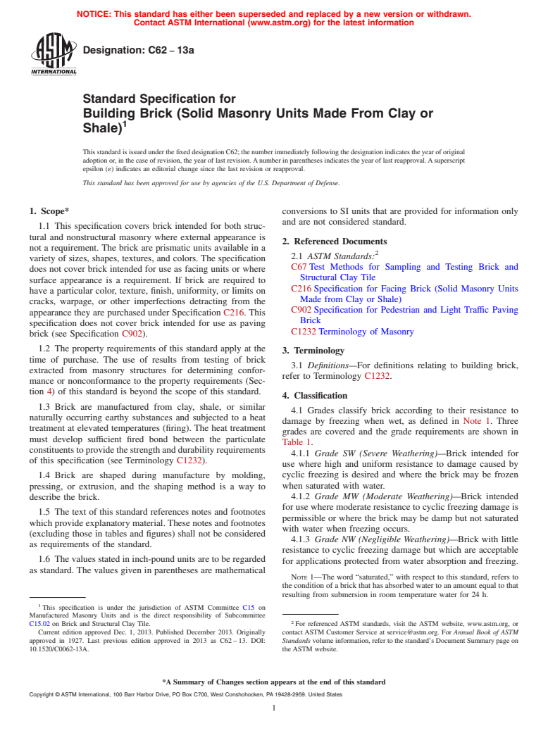 ASTM C62-13a - Standard Specification for  Building Brick (Solid Masonry Units Made From Clay or Shale)