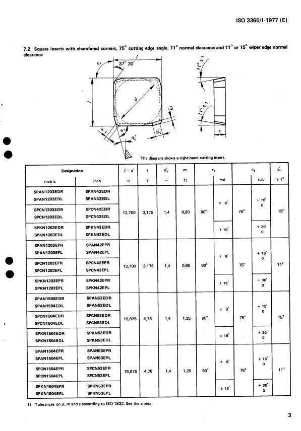 ISO 3365-1:1977 - Indexable (throwaway) carbide inserts for milling cutters -- Dimensions