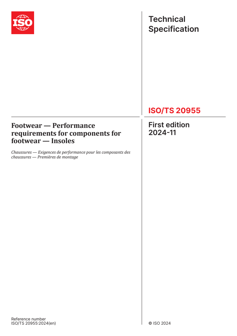 ISO/TS 20955:2024 - Footwear — Performance requirements for components for footwear — Insoles
Released:11/19/2024