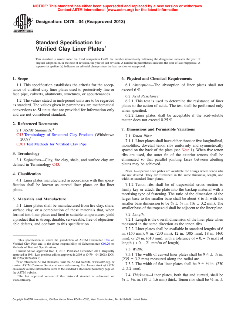 ASTM C479-04(2013) - Standard Specification for  Vitrified Clay Liner Plates