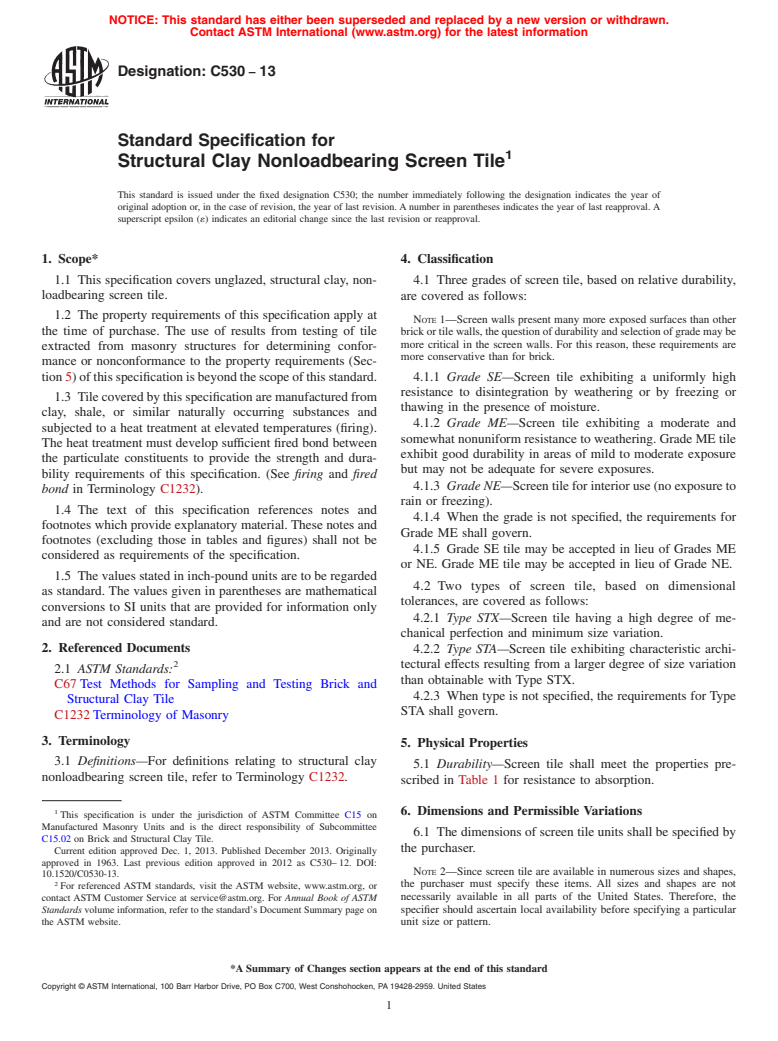 ASTM C530-13 - Standard Specification for  Structural Clay Nonloadbearing Screen Tile