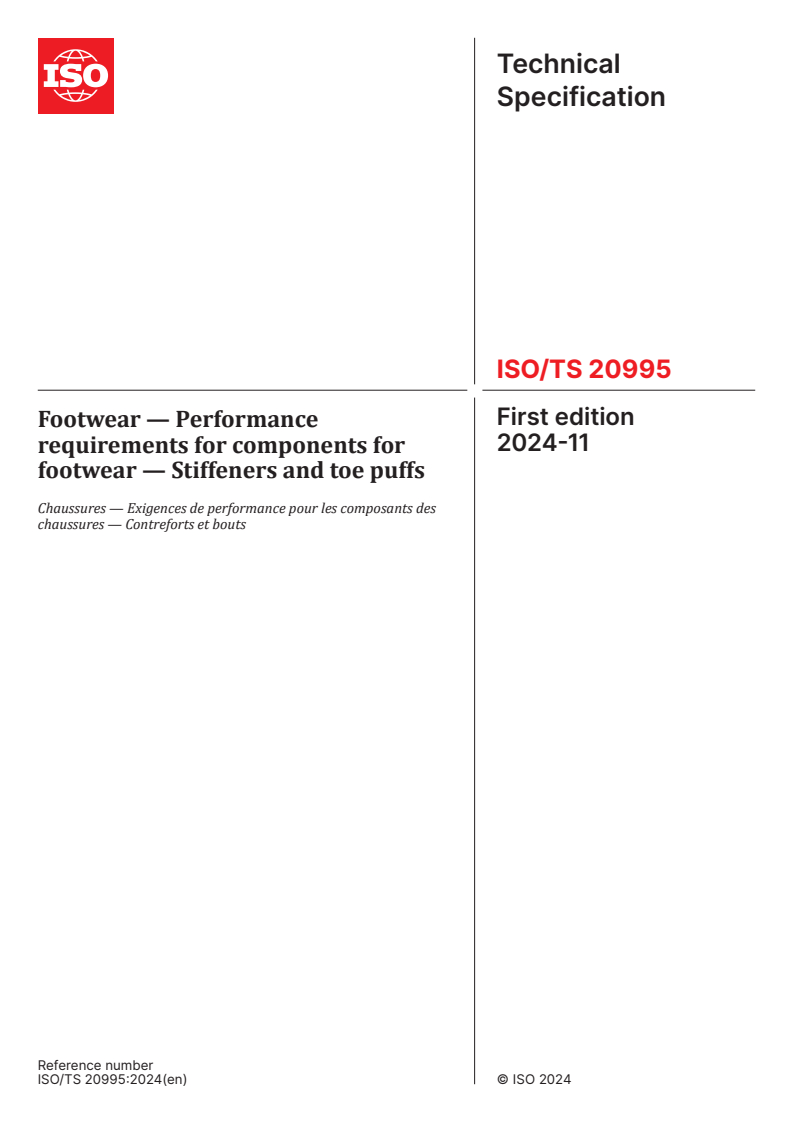 ISO/TS 20995:2024 - Footwear — Performance requirements for components for footwear — Stiffeners and toe puffs
Released:11/19/2024