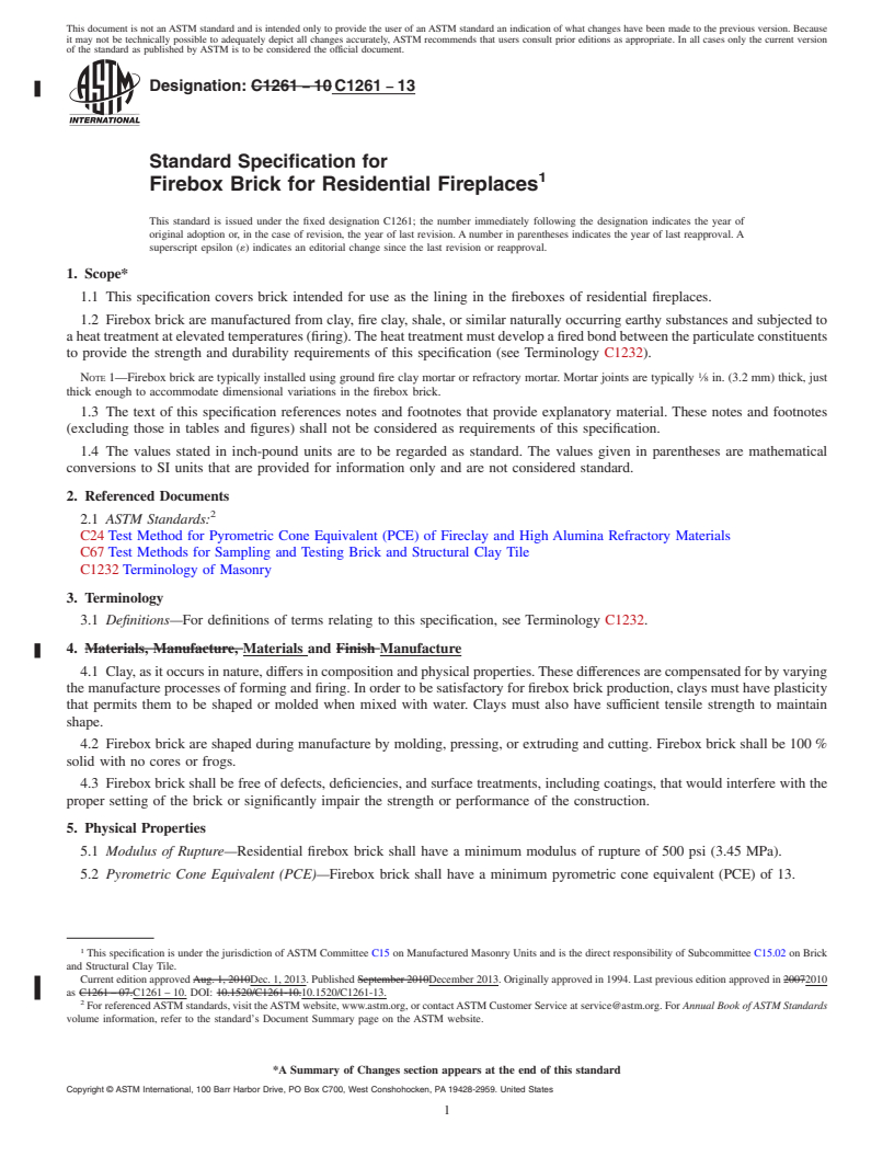 REDLINE ASTM C1261-13 - Standard Specification for  Firebox Brick for Residential Fireplaces