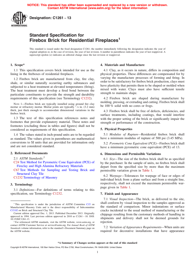 ASTM C1261-13 - Standard Specification for  Firebox Brick for Residential Fireplaces