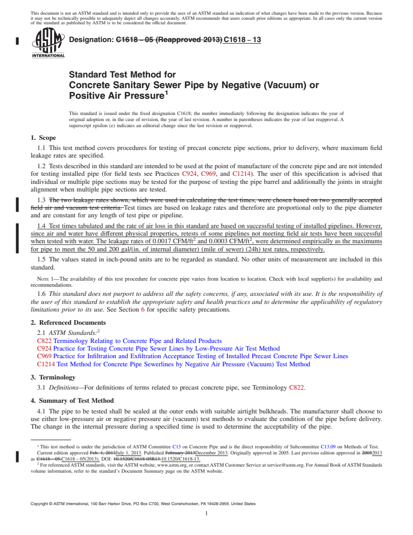 REDLINE ASTM C1618-13 - Standard Test Method for  Concrete Sanitary Sewer Pipe by Negative (Vacuum) or Positive  Air Pressure