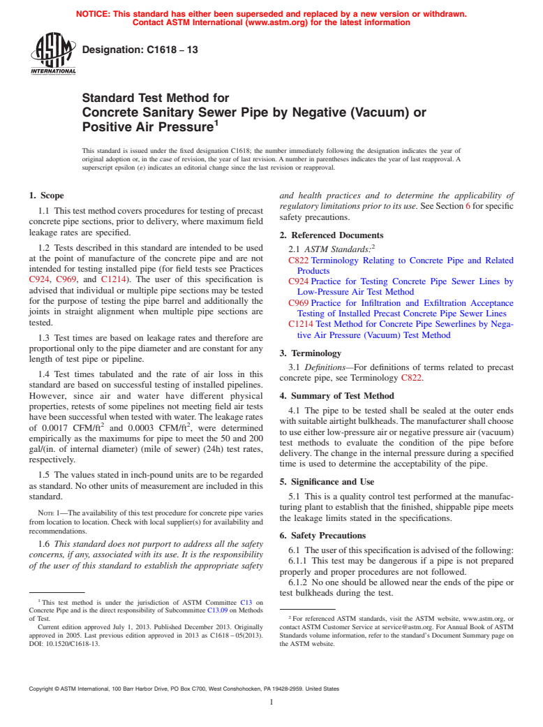 ASTM C1618-13 - Standard Test Method for  Concrete Sanitary Sewer Pipe by Negative (Vacuum) or Positive  Air Pressure