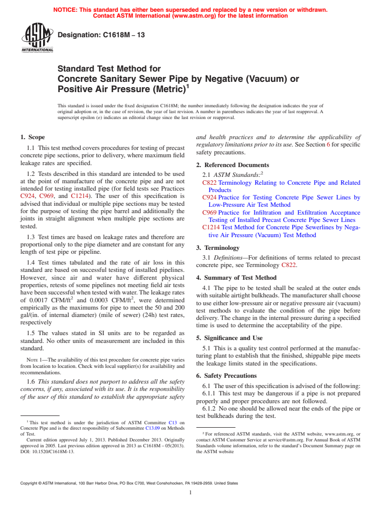 ASTM C1618M-13 - Standard Test Method for  Concrete Sanitary Sewer Pipe by Negative (Vacuum) or Positive  Air Pressure (Metric)