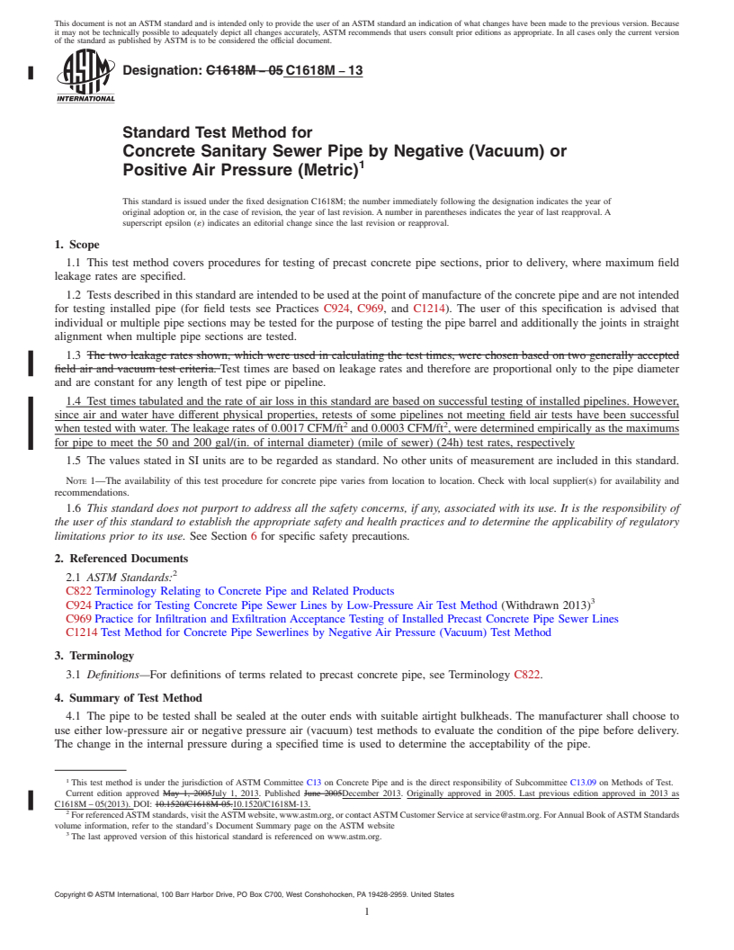 REDLINE ASTM C1618M-13 - Standard Test Method for  Concrete Sanitary Sewer Pipe by Negative (Vacuum) or Positive  Air Pressure (Metric)