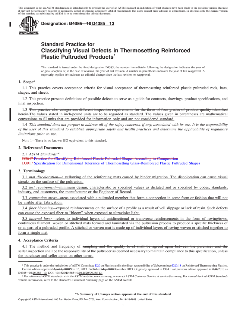 REDLINE ASTM D4385-13 - Standard Practice for  Classifying Visual Defects in Thermosetting Reinforced Plastic  Pultruded Products