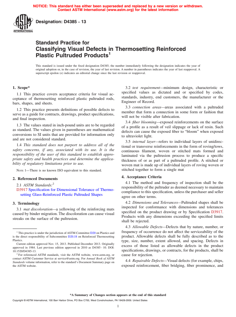 ASTM D4385-13 - Standard Practice for  Classifying Visual Defects in Thermosetting Reinforced Plastic  Pultruded Products