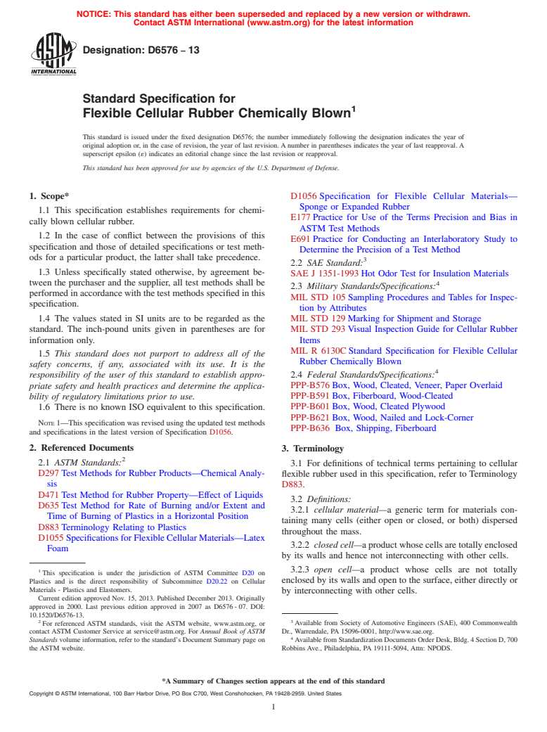 ASTM D6576-13 - Standard Specification for  Flexible Cellular Rubber Chemically Blown