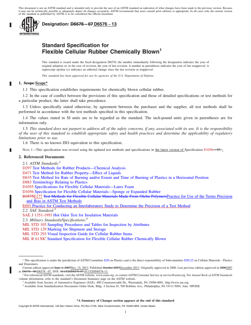 REDLINE ASTM D6576-13 - Standard Specification for  Flexible Cellular Rubber Chemically Blown