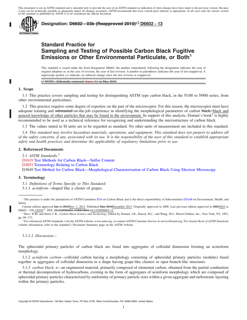 REDLINE ASTM D6602-13 - Standard Practice for  Sampling and Testing of Possible Carbon Black Fugitive Emissions  or Other Environmental Particulate, or Both