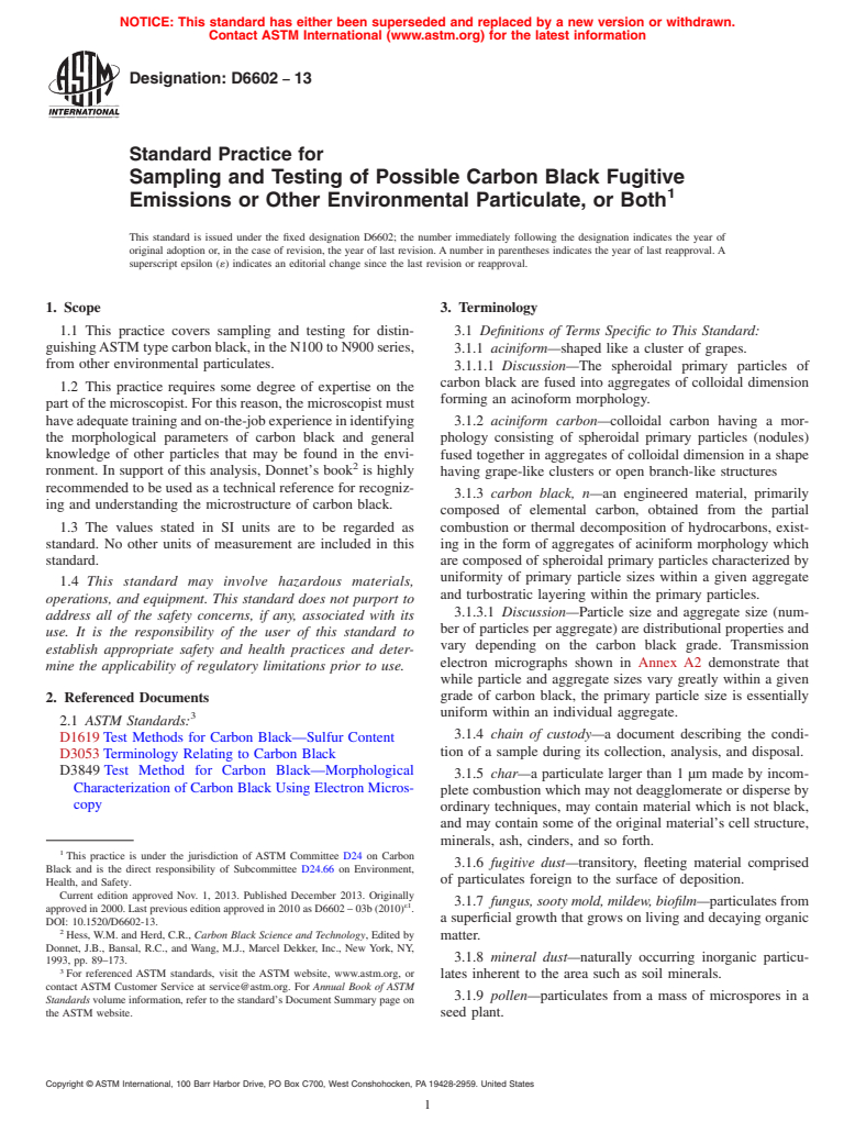 ASTM D6602-13 - Standard Practice for  Sampling and Testing of Possible Carbon Black Fugitive Emissions  or Other Environmental Particulate, or Both