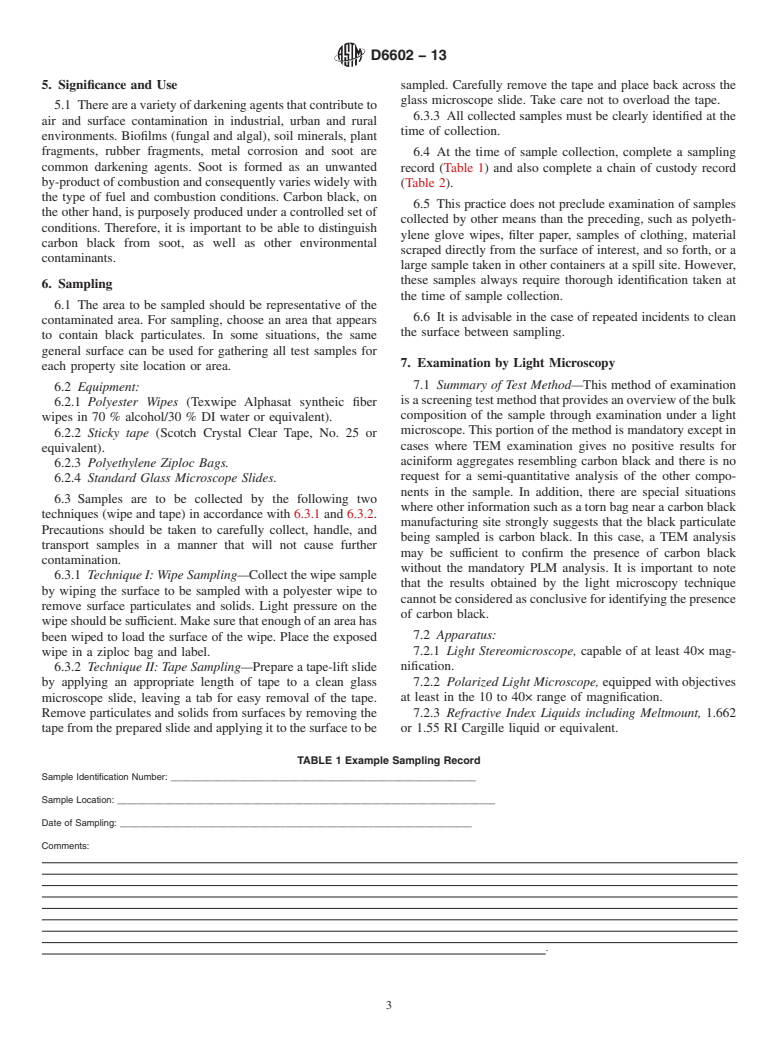 ASTM D6602-13 - Standard Practice for  Sampling and Testing of Possible Carbon Black Fugitive Emissions  or Other Environmental Particulate, or Both