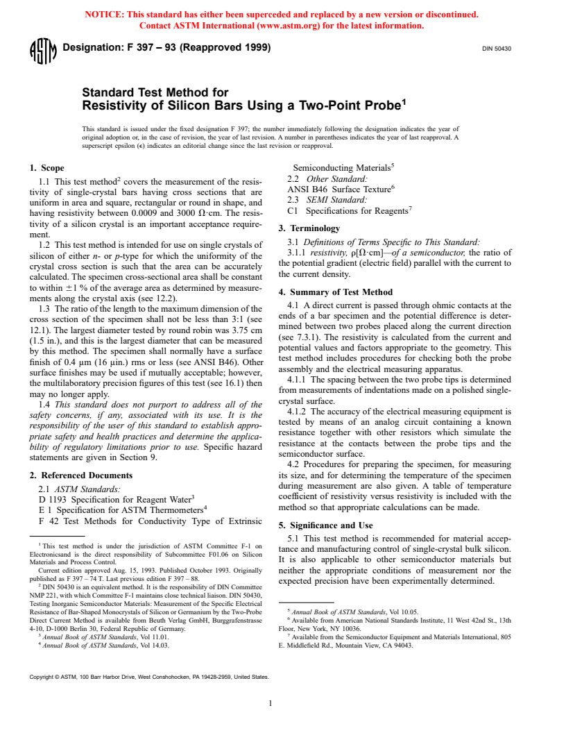 ASTM F397-93(1999) - Standard Test Method for Resistivity of Silicon Bars Using a Two-Point Probe