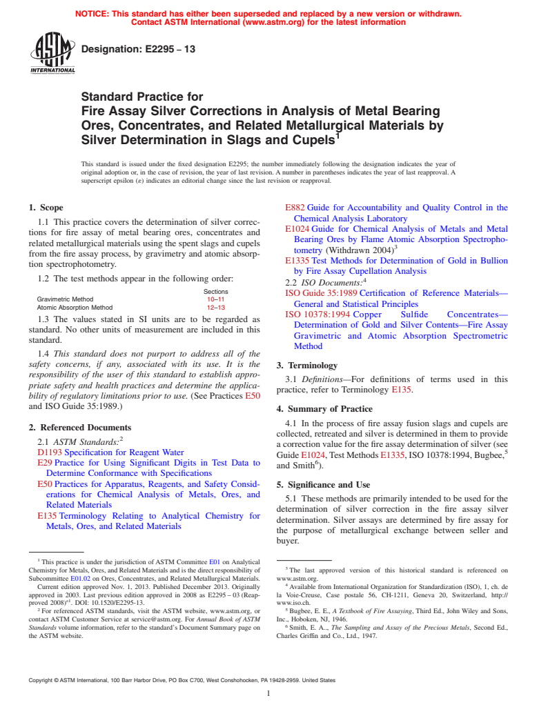 ASTM E2295-13 - Standard Practice for Fire Assay Silver Corrections in ...