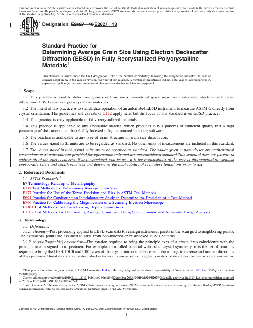 REDLINE ASTM E2627-13 - Standard Practice for  Determining Average Grain Size Using Electron Backscatter Diffraction  (EBSD) in Fully Recrystallized Polycrystalline Materials