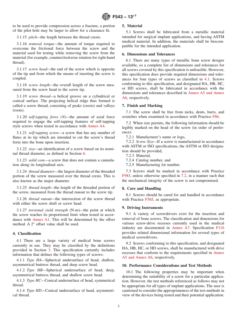 ASTM F543-13e1 - Standard Specification and Test Methods for  Metallic Medical Bone Screws