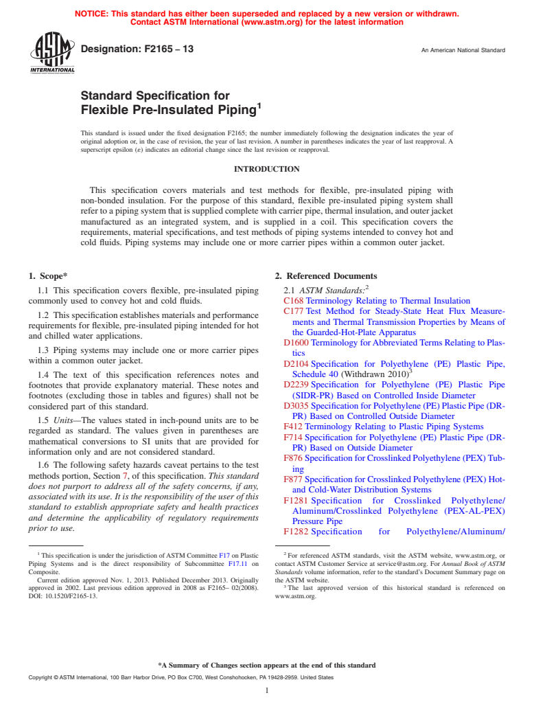 ASTM F2165-13 - Standard Specification for  Flexible Pre-Insulated Piping