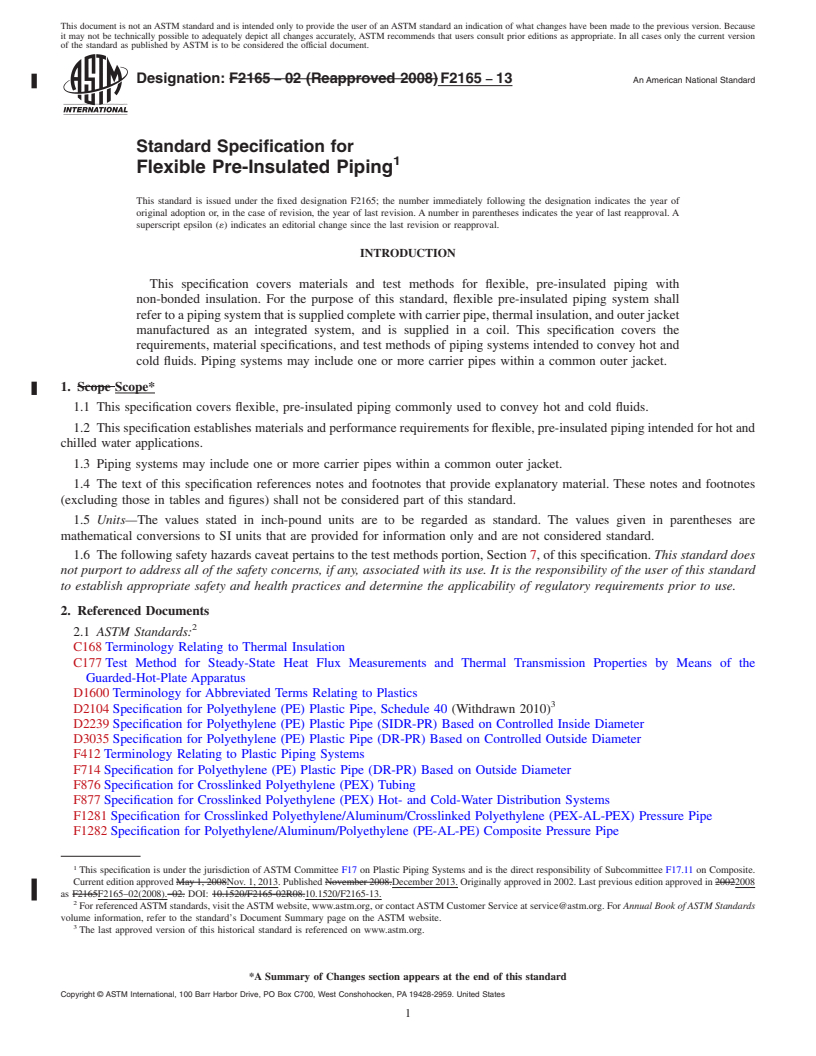 REDLINE ASTM F2165-13 - Standard Specification for  Flexible Pre-Insulated Piping