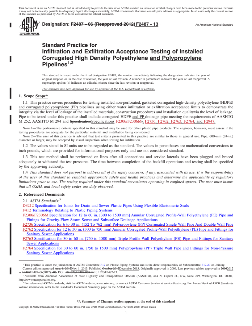 REDLINE ASTM F2487-13 - Standard Practice for  Infiltration and Exfiltration Acceptance Testing of Installed  Corrugated   High Density Polyethylene and Polypropylene Pipelines